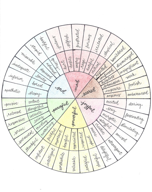 The Feeling Wheel - We use the feeling wheel. Basically, it has core emotions listed in a circle, and from those core emotions, other emotions are listed fanning out from the core. So, most of us say, “How are you doing?” And respond, “I’m doing good,” Or “I’m mad.” Then, if you go to mad there are derivatives of that emotion listed, things like “hate, anger, rage, critical, skeptical, irrational, furious, frustrated, selfish, jealous.” Feeling wheels are great, even for kids, in order to learn to express how you are feeling. 